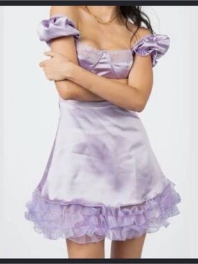 Lilac Satin Off-Shoulder Ruffle Mini Dress